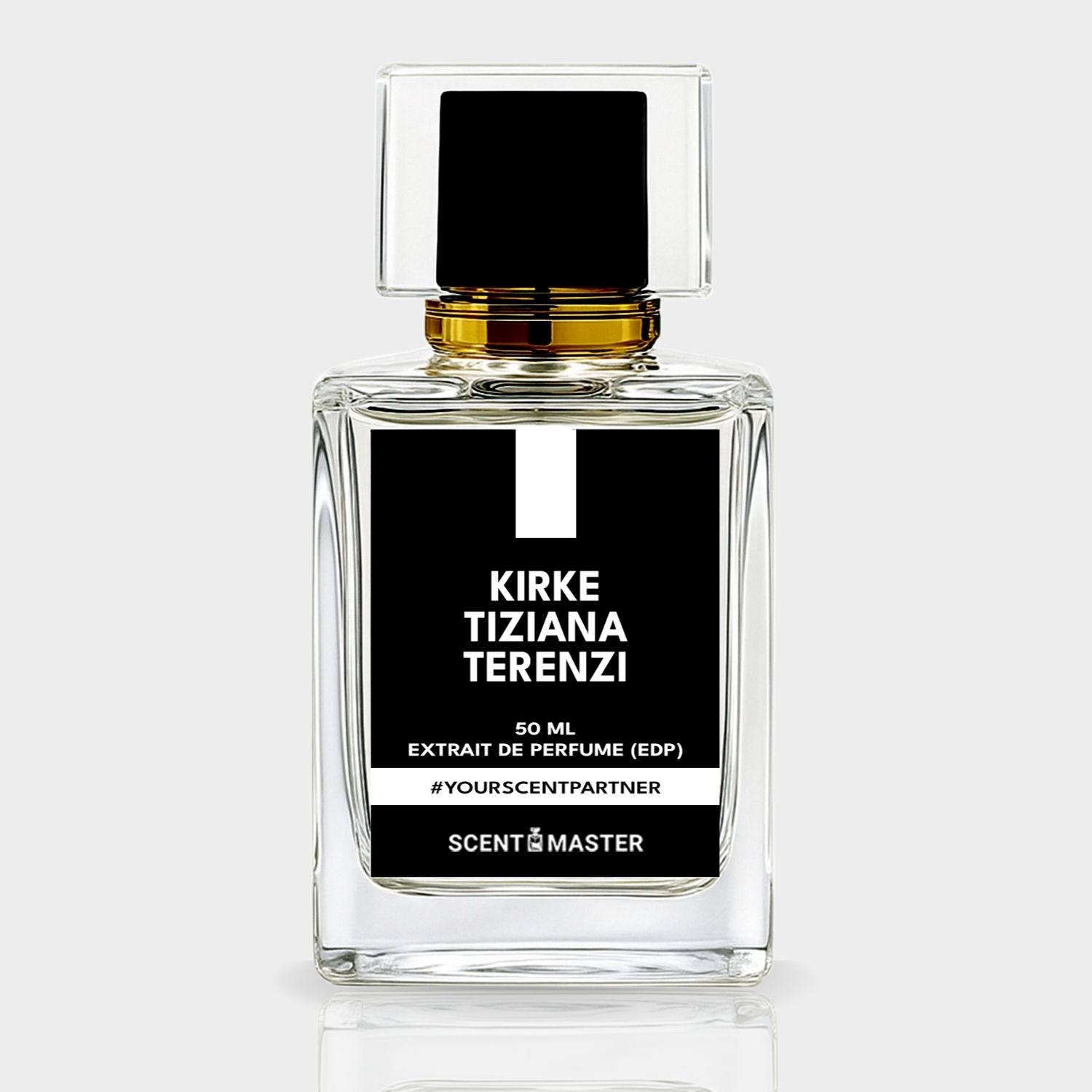 Perfume bottle with black label on a white background