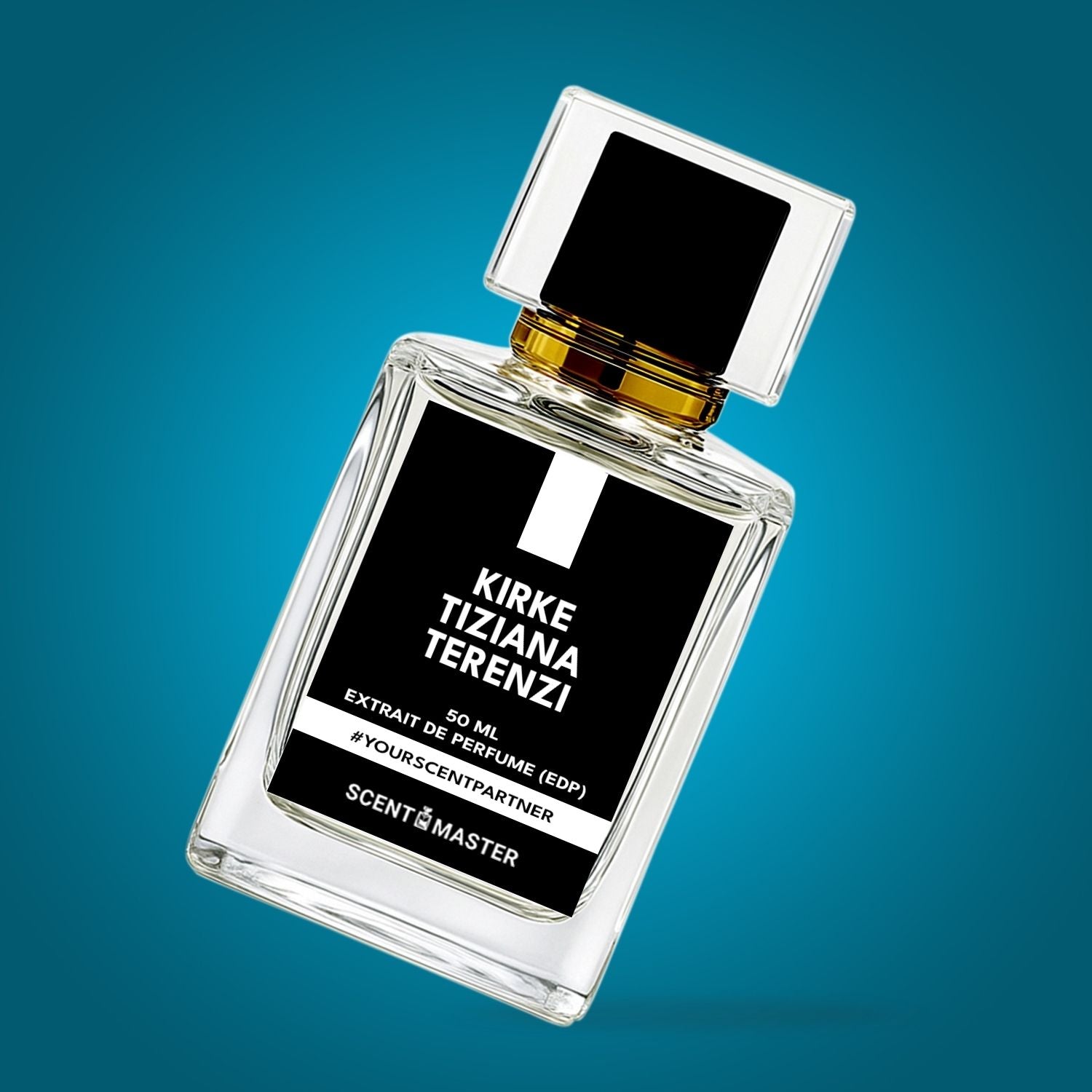 Perfume bottle with black label on a blue gradient background