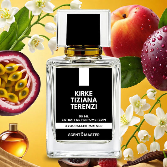 Perfume bottle labeled 'Kirke Tiziana Terenzi' with fruit and floral elements on a yellow background