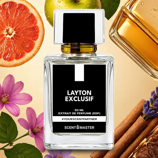 Perfume bottle labeled 'LAYTON EXCLUSIF' with floral and fruit elements on a beige background