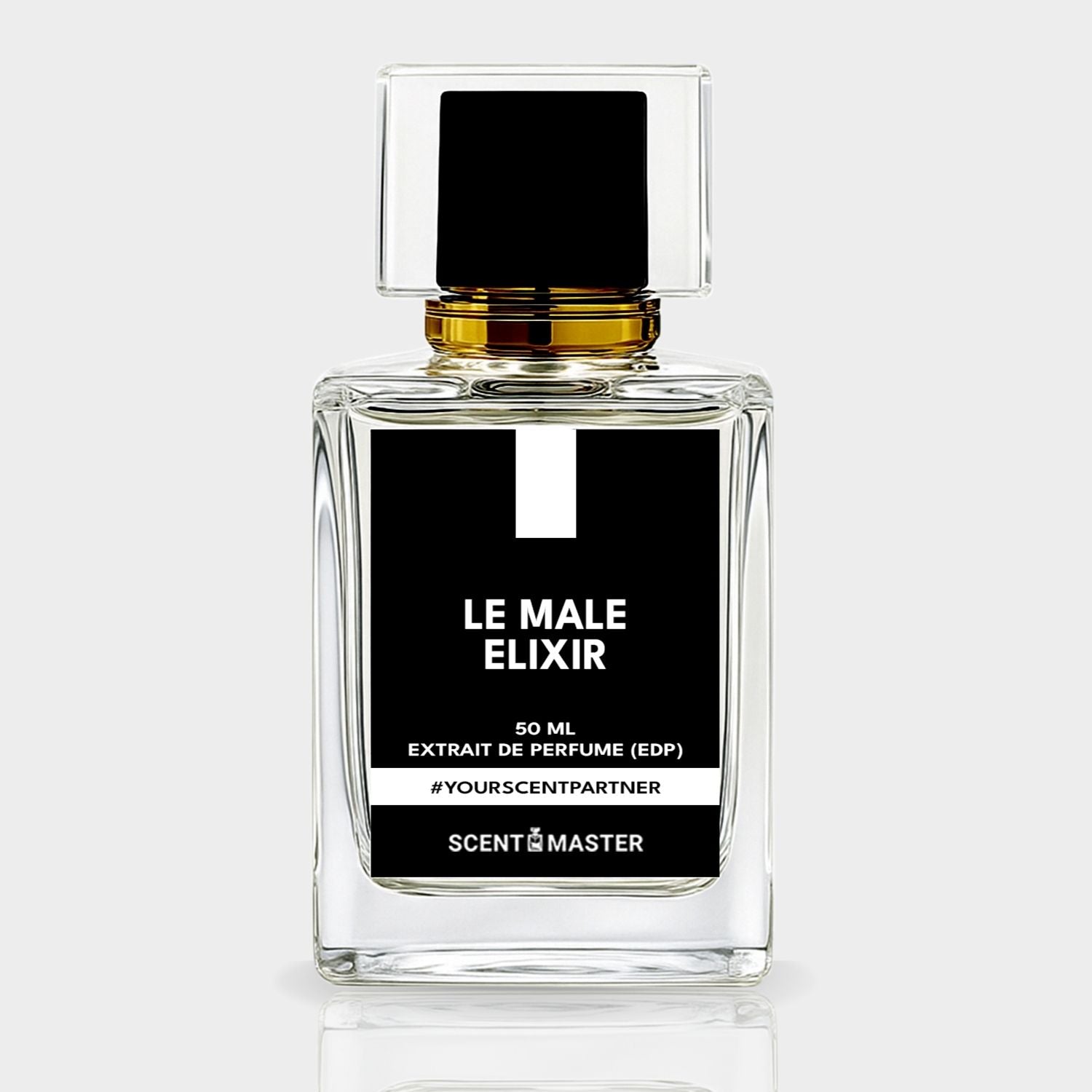 Perfume bottle labeled 'Le Male Elixir' by Scent of Master on a white background