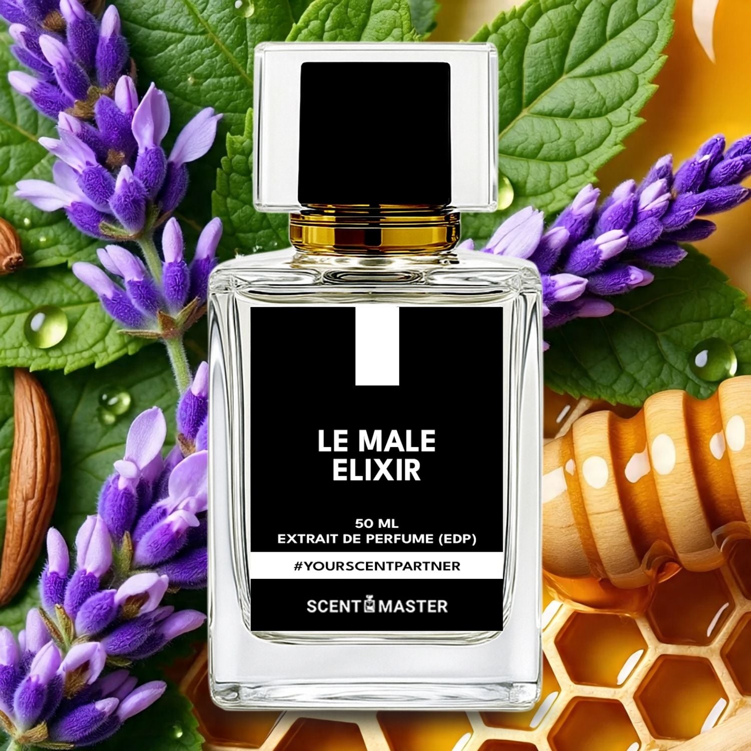 Perfume bottle labeled 'Le Male Elixir' surrounded by lavender flowers and honeycomb.