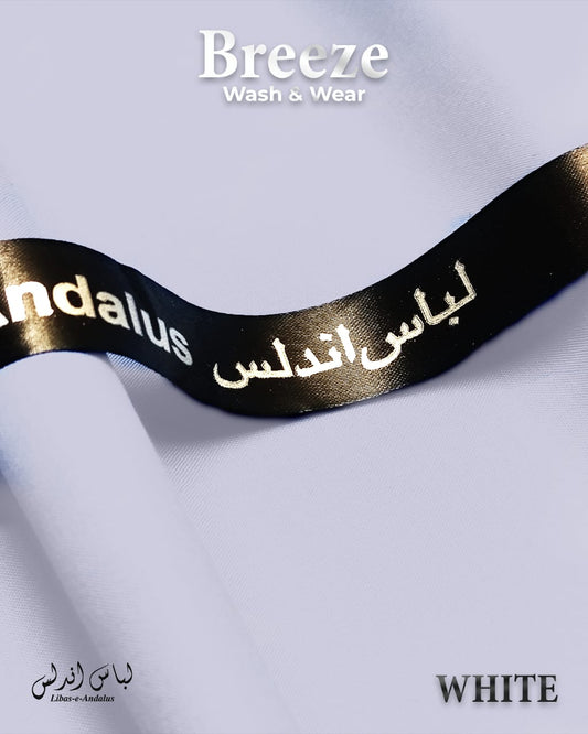 Black ribbon with 'Andalus' text on a white shirt, featuring 'Breeze Wash & Wear' branding.