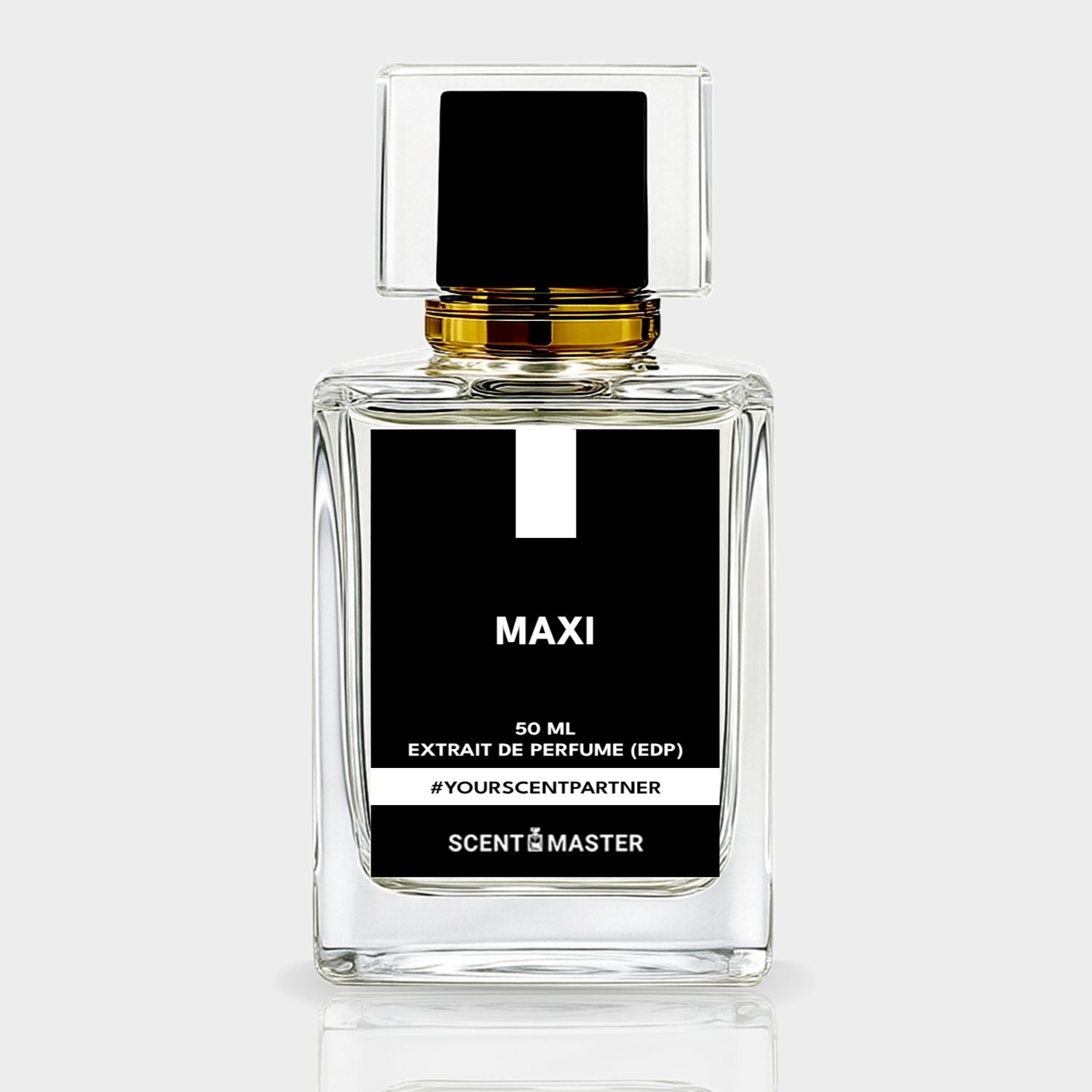 Perfume bottle labeled 'MAXI' with a black label on a white background