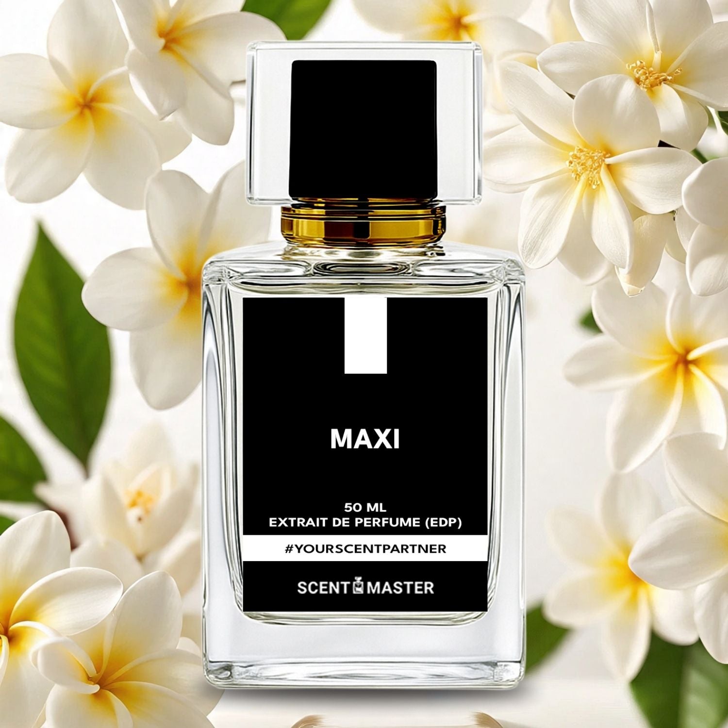 Perfume bottle labeled 'MAXI' with flowers in the background