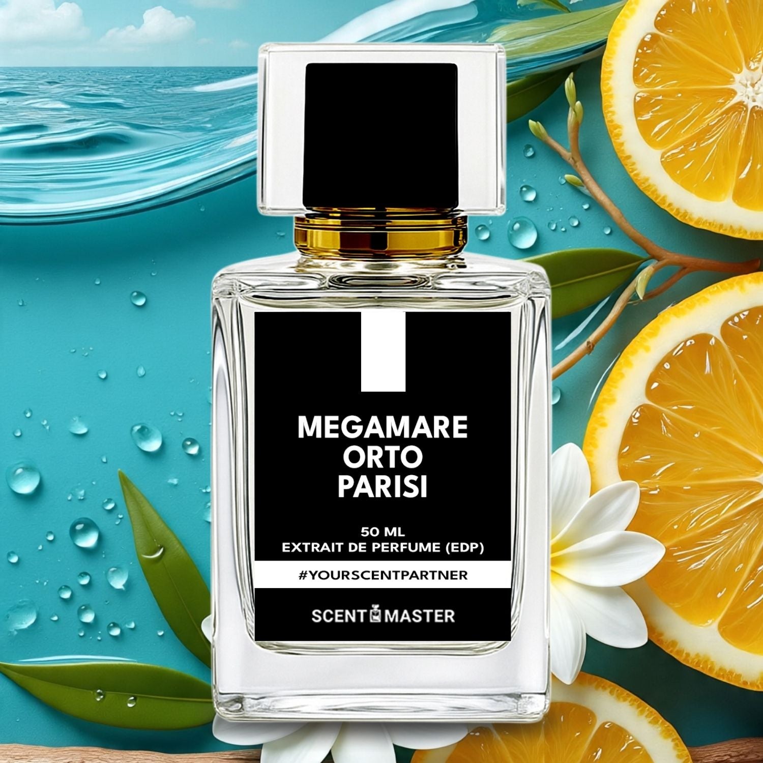Perfume bottle labeled 'Megamare Orto Parisi' with oranges and water in the background
