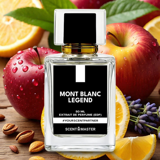 Mont Blanc Legend perfume bottle with fruits and nuts on a wooden surface