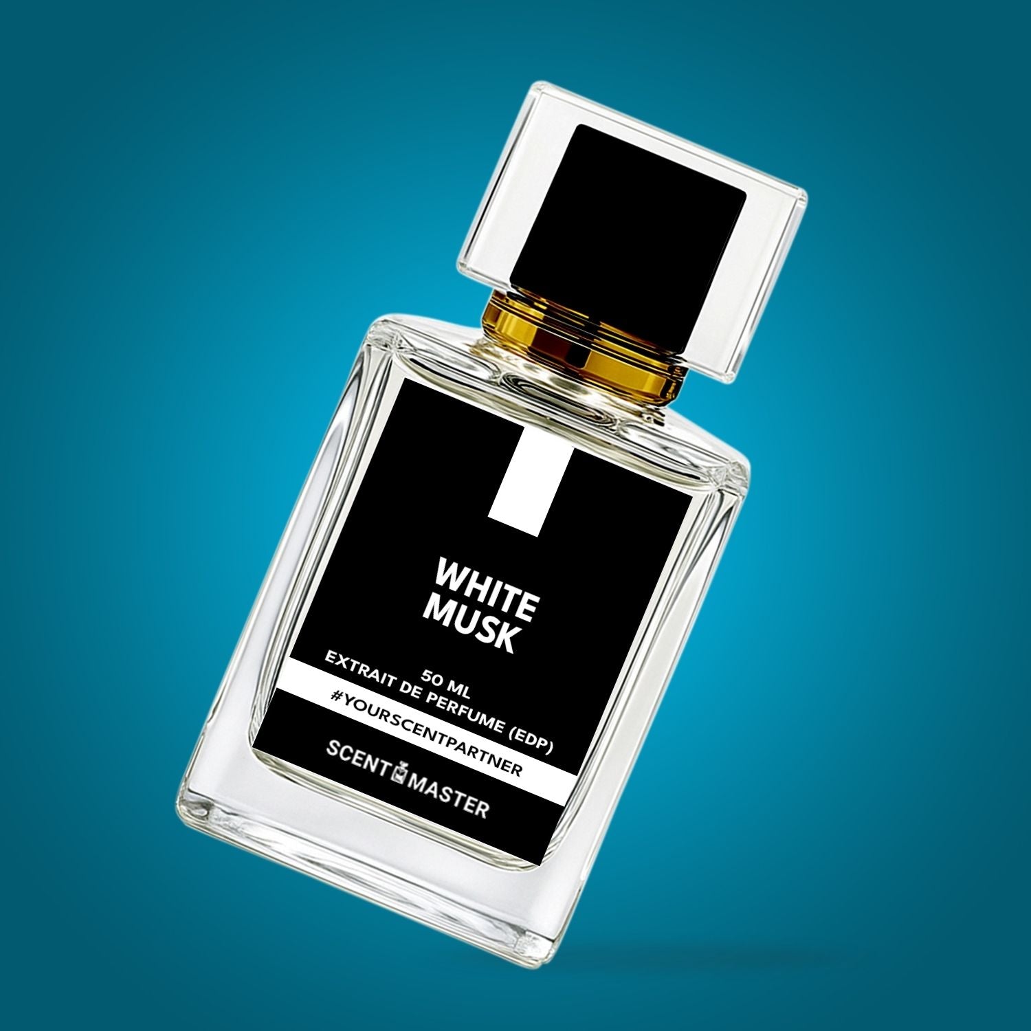 Perfume bottle labeled 'White Musk' on a blue gradient background