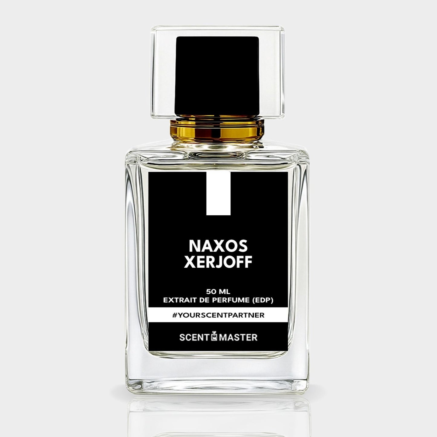 Perfume bottle labeled 'NAXOS XERJOFF' on a light gray background