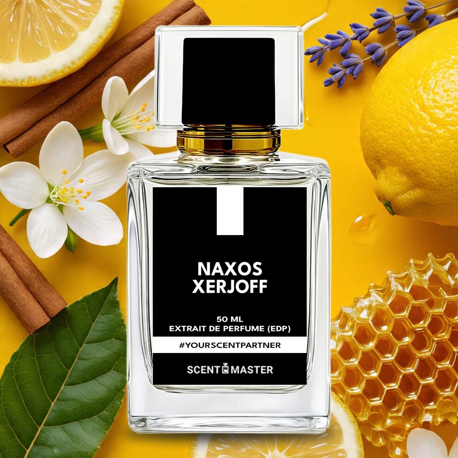 NAXOS XERJOFF perfume bottle with floral and natural elements on a yellow background