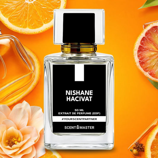 Nishane Hacivet perfume bottle with orange slices and flowers on an orange background