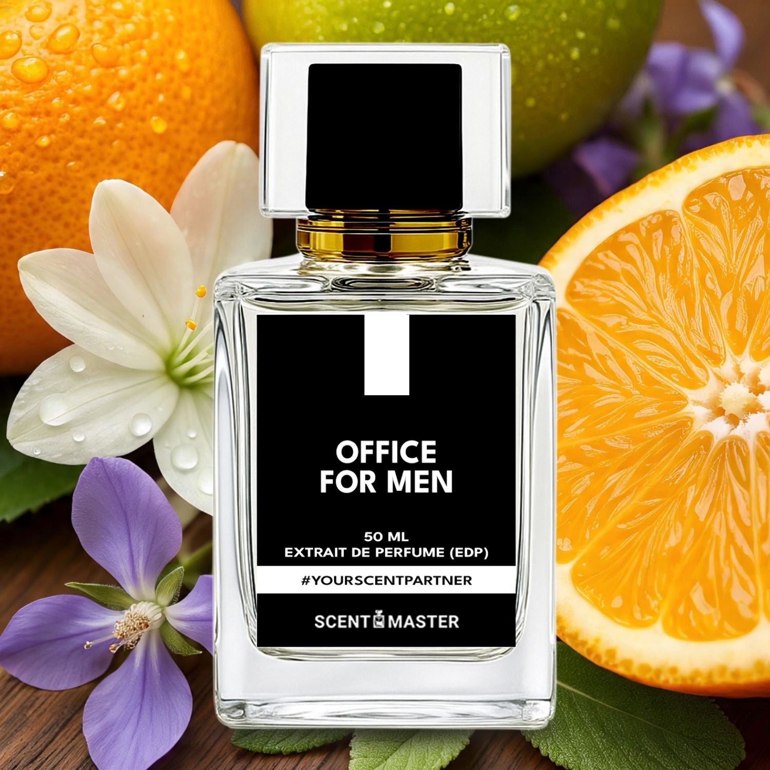 Perfume bottle labeled 'Office for Men' surrounded by fruits and flowers