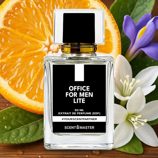 Perfume bottle labeled 'Office for Men Lite' with an orange, flowers, and leaves on a wooden surface.