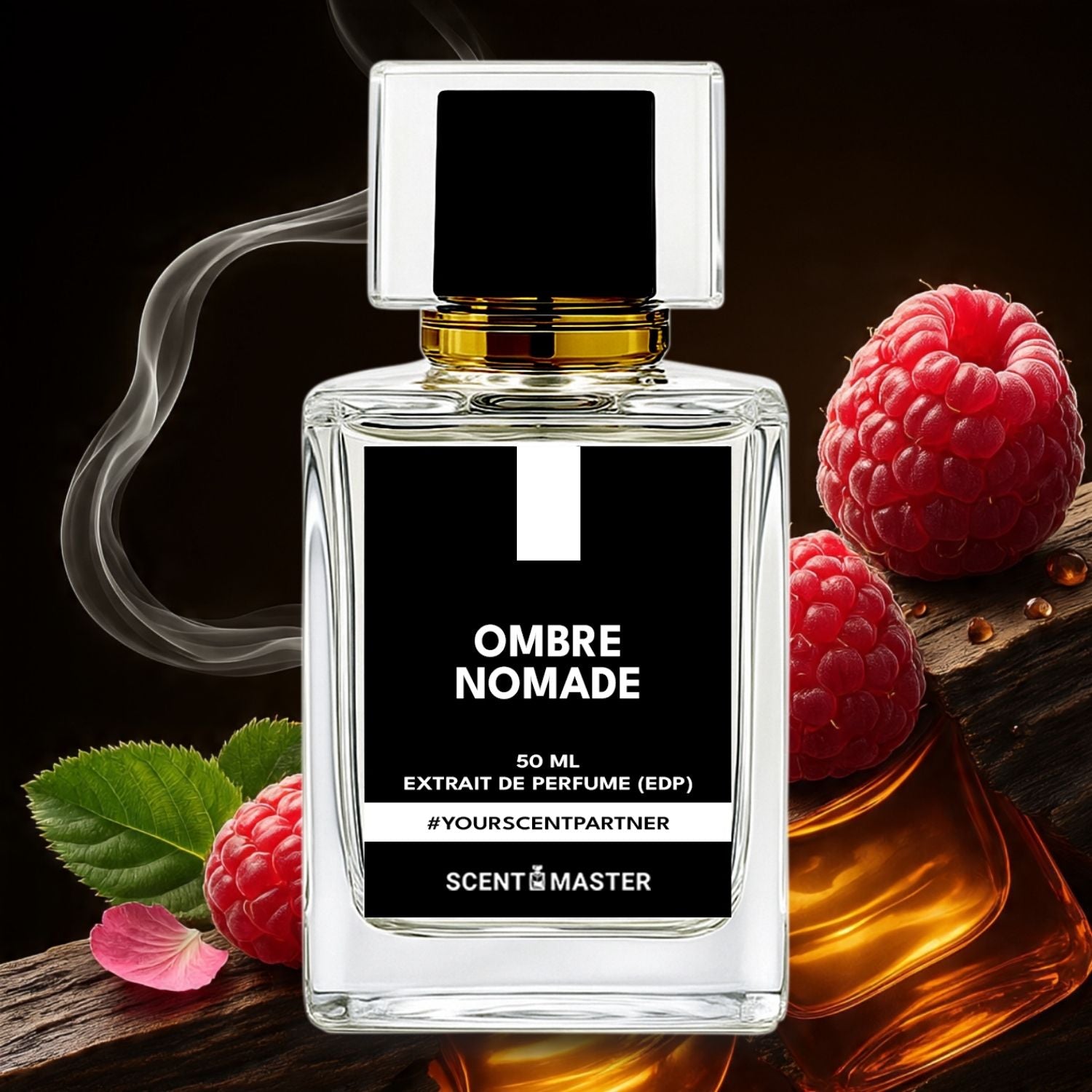 Perfume bottle labeled 'Ombre Nomade' with raspberries and leaves on a dark background