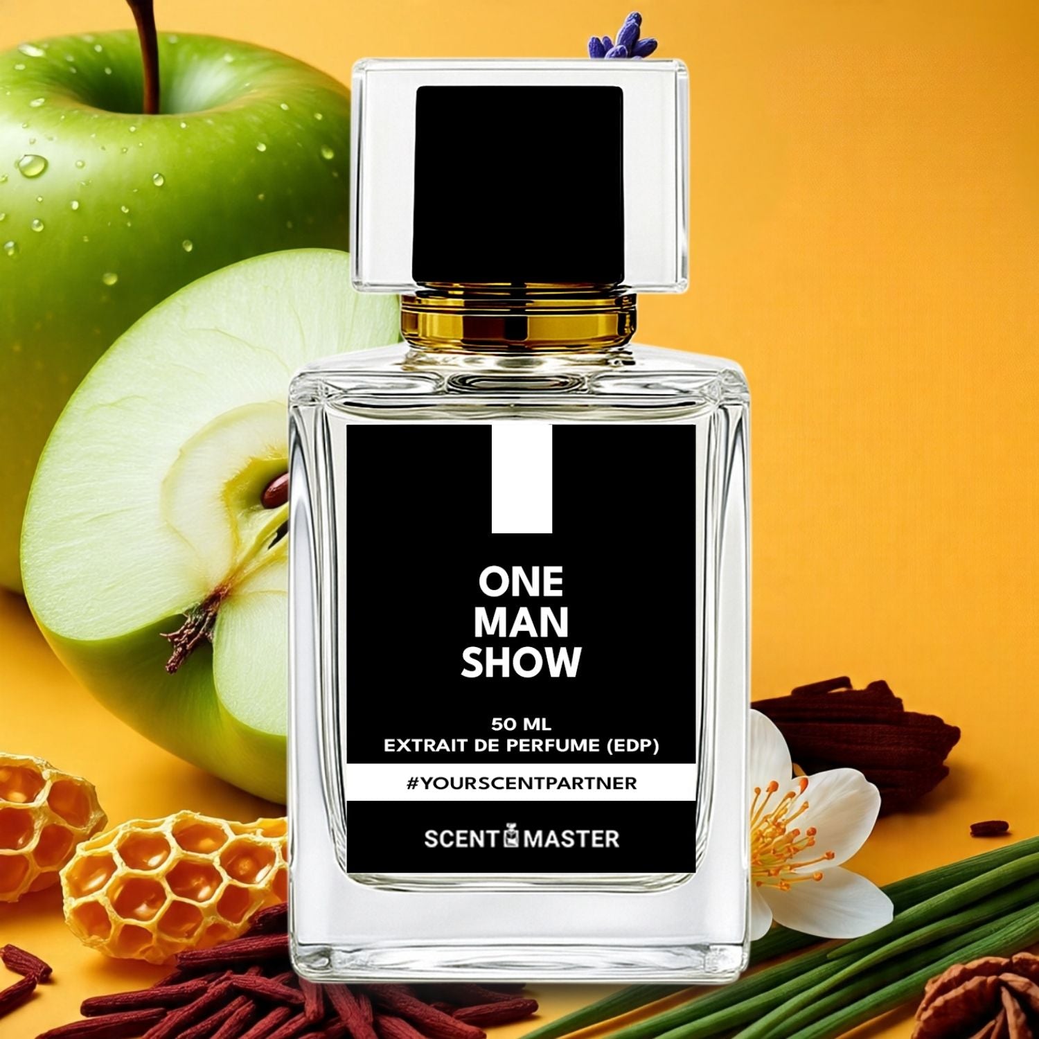 Perfume bottle labeled 'One Man Show' with green apples and floral elements on a yellow background