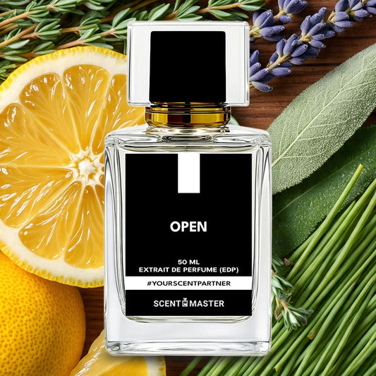 Perfume bottle with lemons, lavender, and herbs on a wooden surface