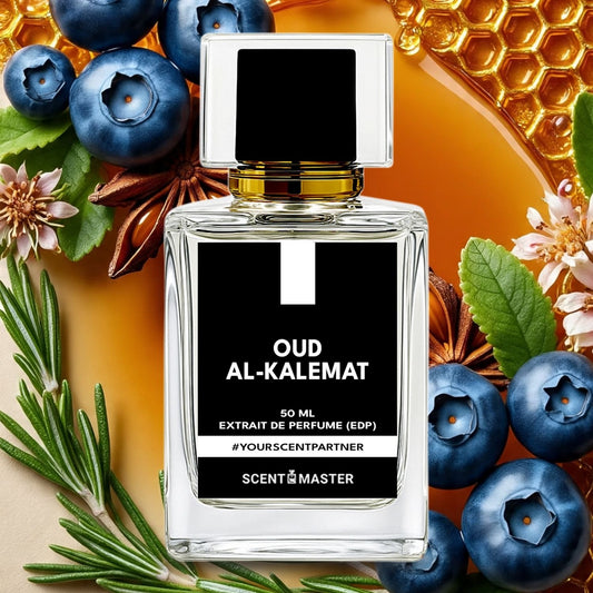 Perfume bottle labeled 'Oud Al-Kalemat' surrounded by blueberries, flowers, and honeycomb.