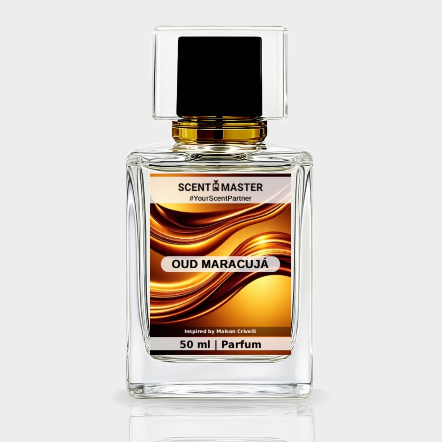Perfume bottle labeled 'Oud Maracuja' by Scent Master on a white background