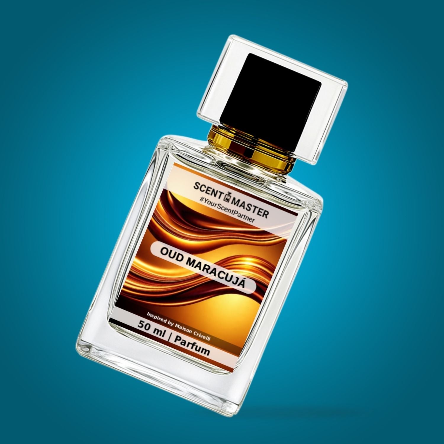 Perfume bottle labeled 'Oud Maracuja' by Scent Master on a blue gradient background