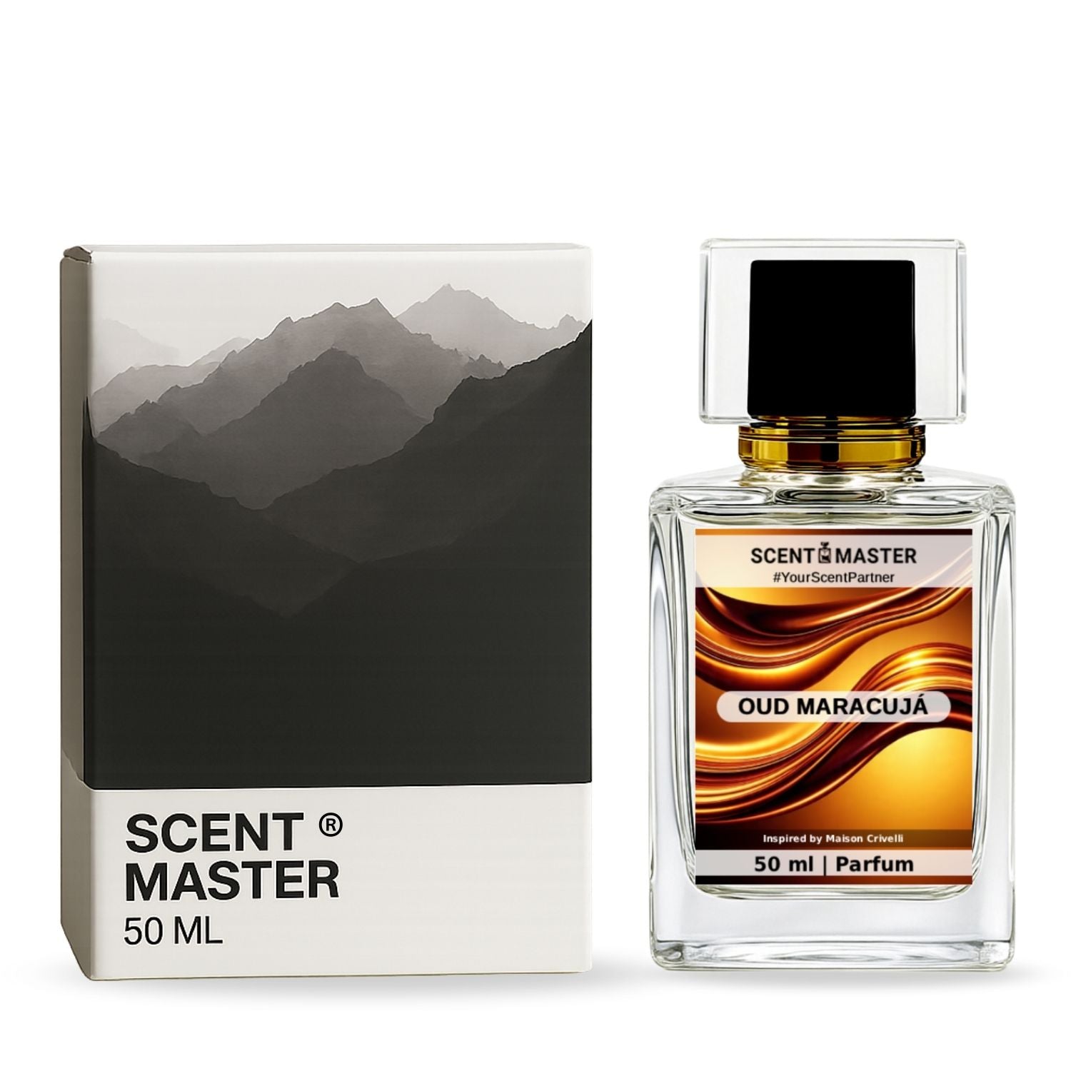 Scent Master Oud Maracuja perfume bottle and packaging with mountain design