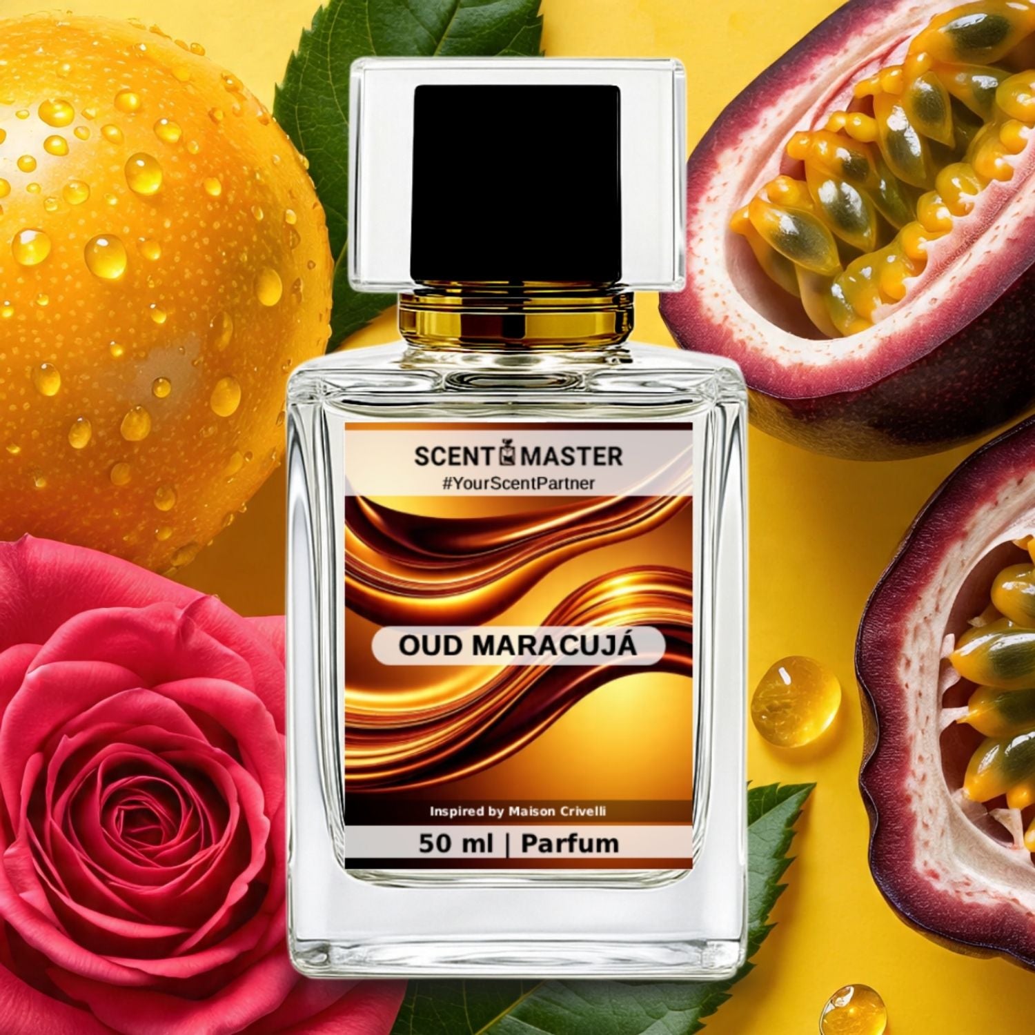 Scent of Master Oud Maracuja perfume bottle surrounded by fruits and flowers on a yellow background