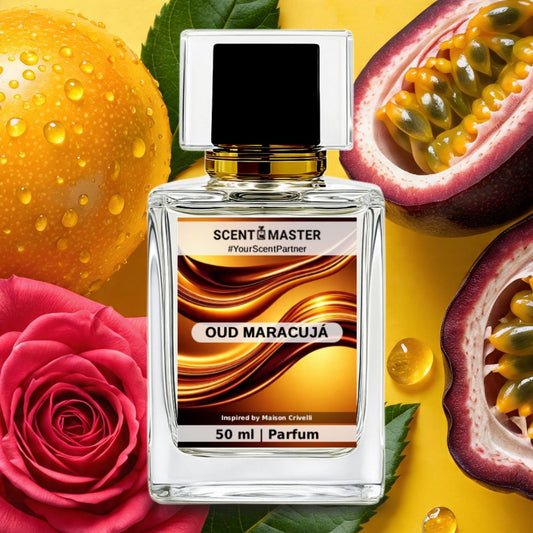 Scent of Master Oud Maracuja perfume bottle surrounded by fruits and flowers on a yellow background