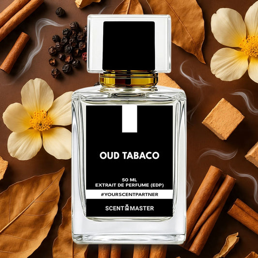 Perfume bottle labeled 'Oud Tabaco' surrounded by cinnamon sticks, flowers, and leaves on a brown background.