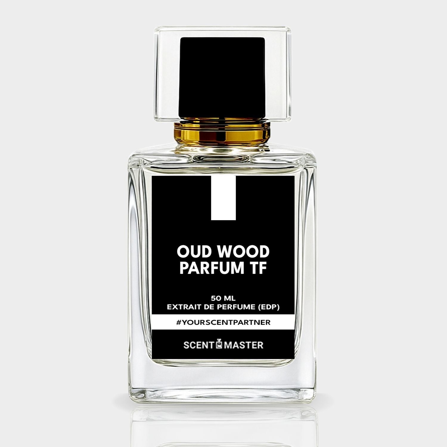 Perfume bottle labeled 'Oud Wood Parfum TF' on a light gray background