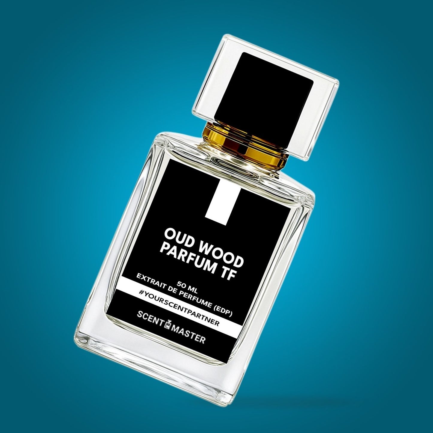 Perfume bottle labeled 'Oud Wood Parfum TF' on a blue gradient background