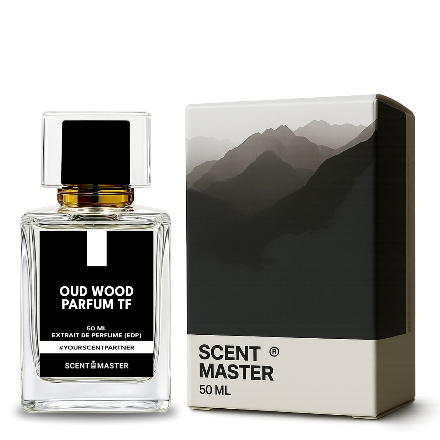 Oud Wood Parfum TF bottle and packaging with mountain design on a white background