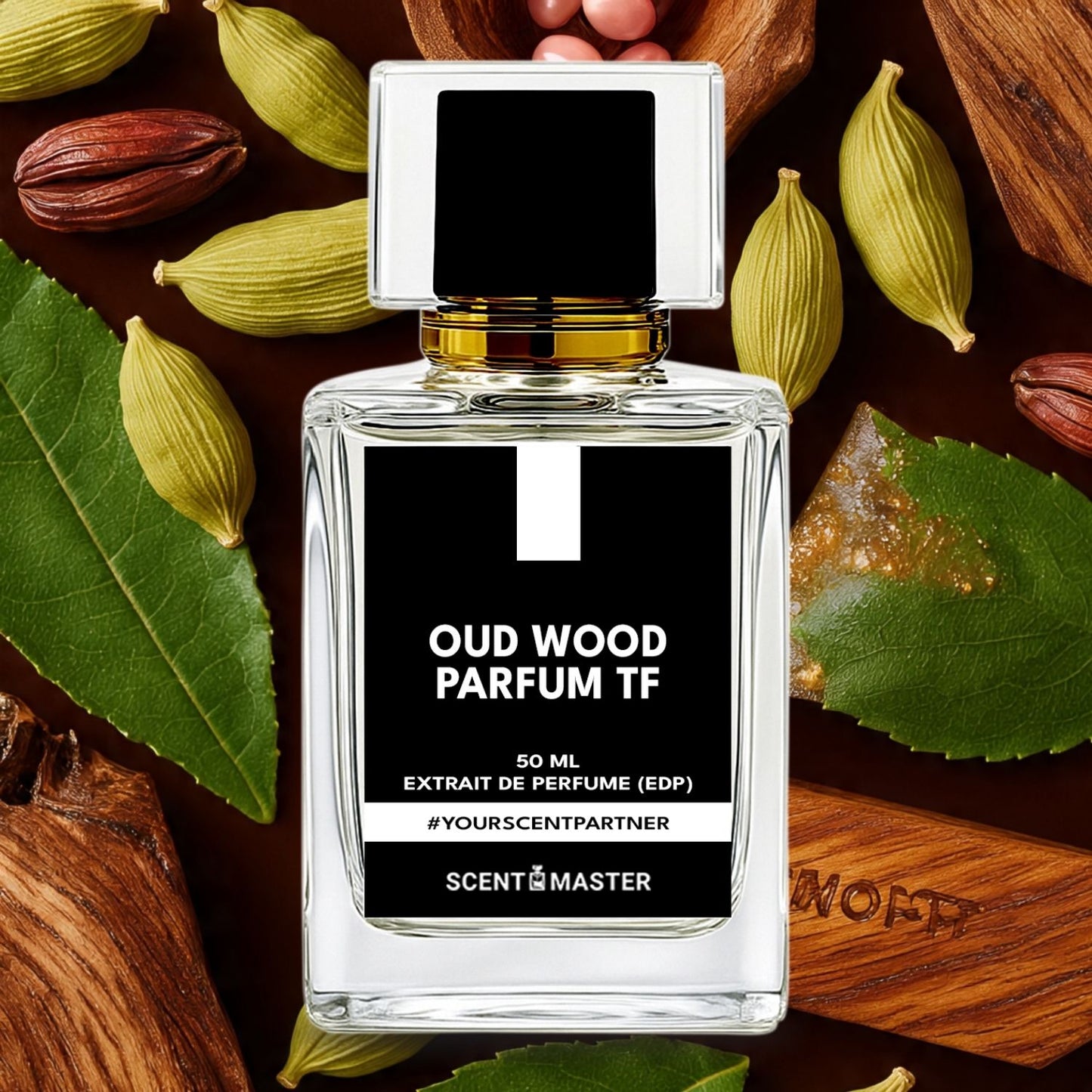 Perfume bottle labeled 'Oud Wood Parfum TF' surrounded by dried leaves and wood pieces.