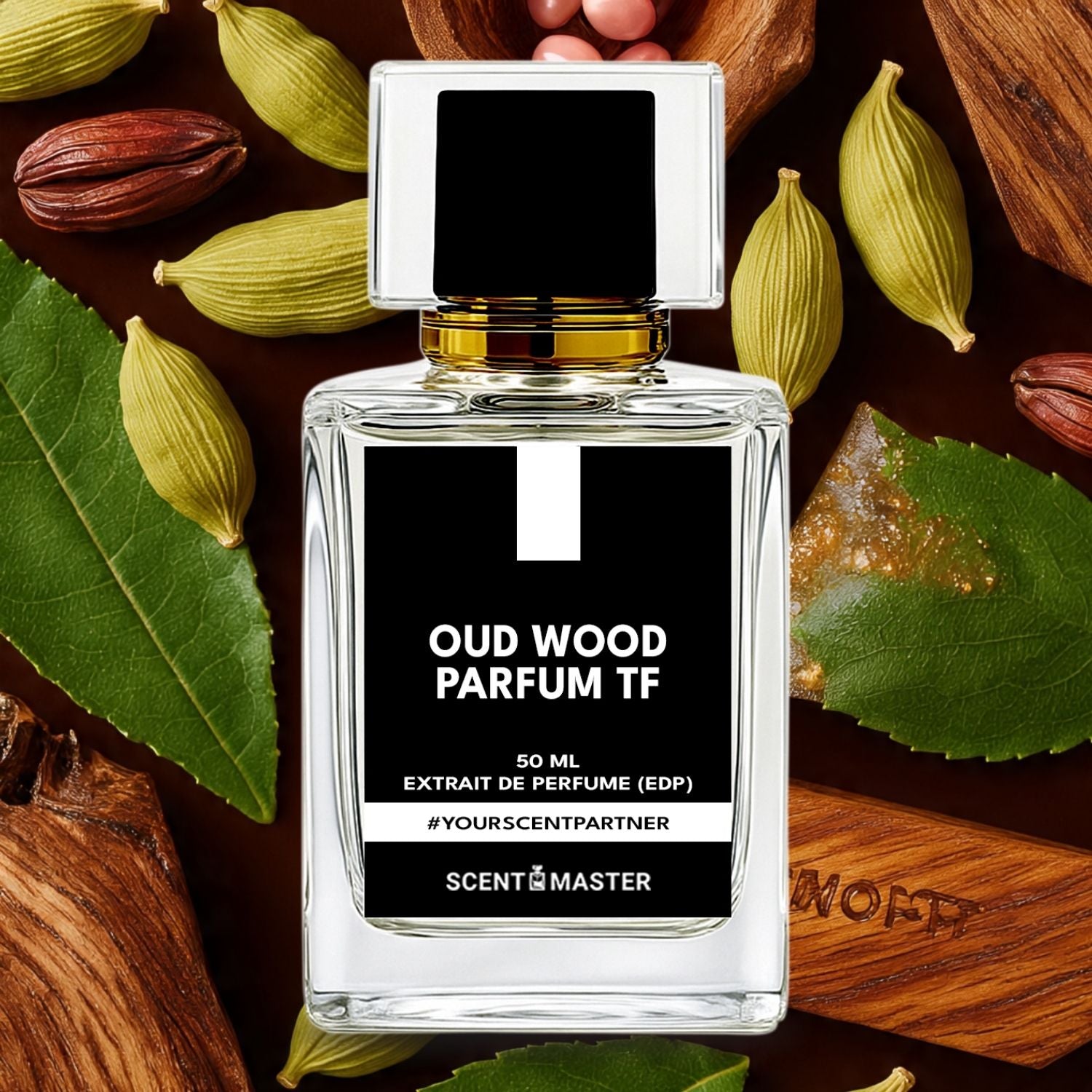 Perfume bottle labeled 'Oud Wood Parfum TF' surrounded by dried leaves and wood pieces.