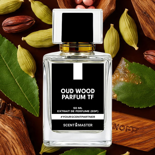 Perfume bottle labeled 'Oud Wood Parfum TF' surrounded by dried leaves and wood pieces.