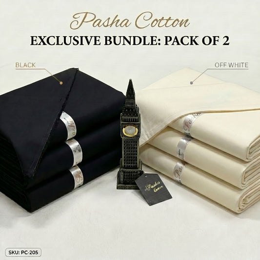 Pasha Premium Cotton pack of 2 bundle with black and off white premium unstitched cotton fabric for men’s suits in Pakistan