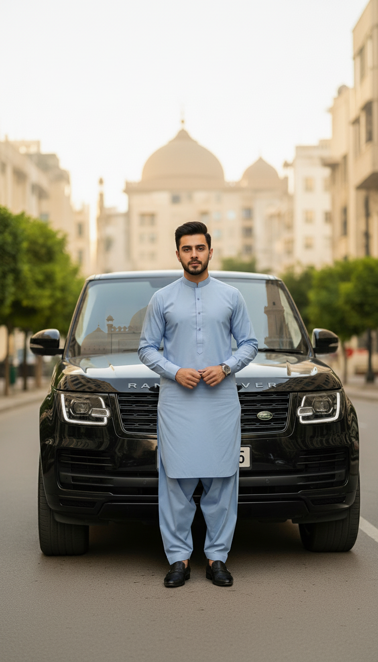 Man in sky blue pasha cotton traditional outfit standing in front of a black SUV with blurred buildings in the background