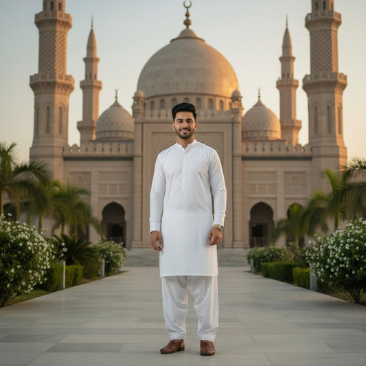 Man in white pasha cotton traditional attire standing in front of a mosque