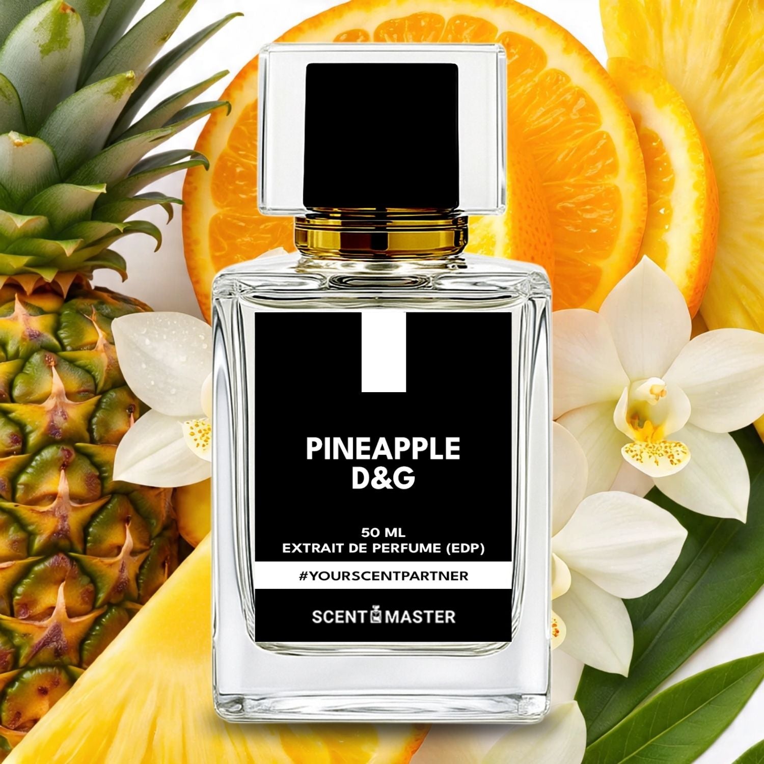 Perfume bottle labeled 'Pineapple D&G' surrounded by pineapples, oranges, and orchids.