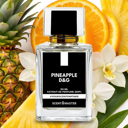 Perfume bottle labeled 'Pineapple D&G' surrounded by pineapples, oranges, and orchids.