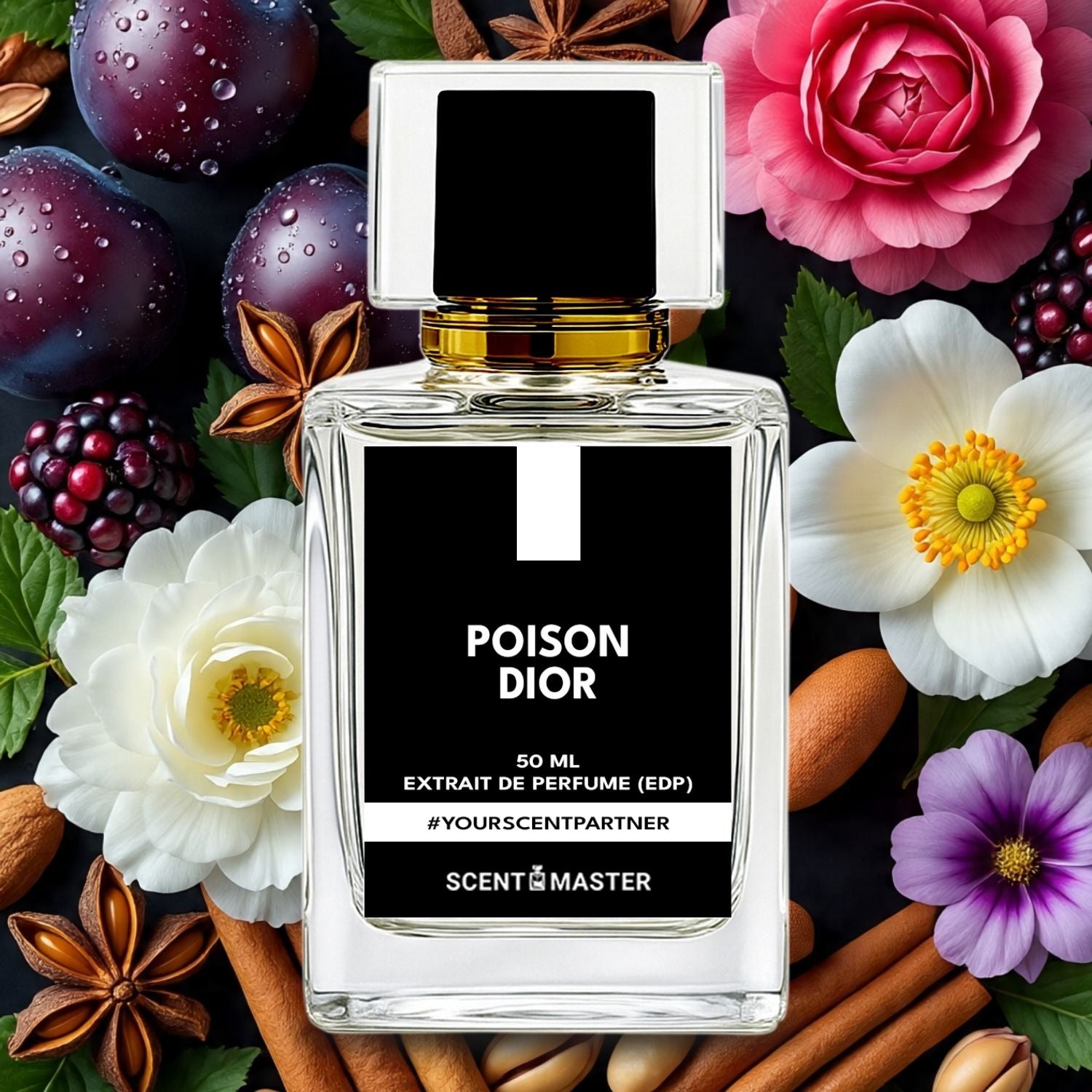 Dior Poison perfume bottle surrounded by flowers and fruits on a dark background