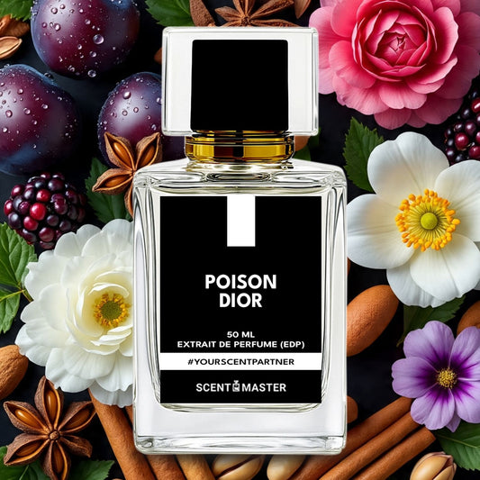 Dior Poison perfume bottle surrounded by flowers and fruits on a dark background