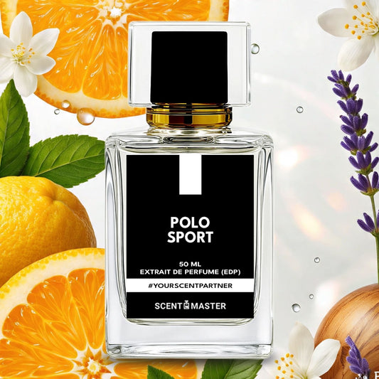 Polo Sport perfume bottle with oranges, lemons, and lavender flowers on a white background