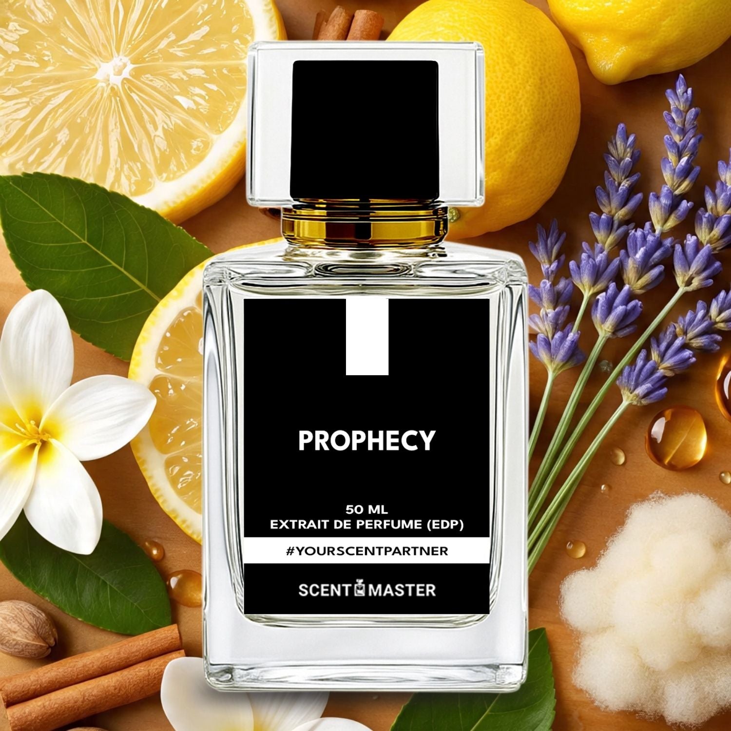 Perfume bottle labeled 'Prophecy' surrounded by lemons, lavender, and flowers on a wooden surface.