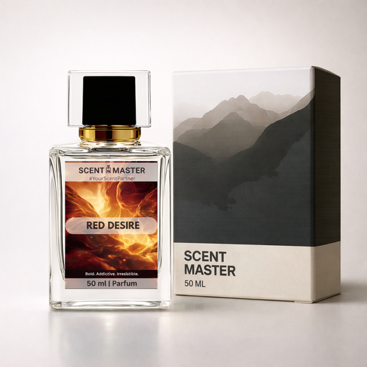 Scent Master Red Desire perfume bottle and packaging with mountain design