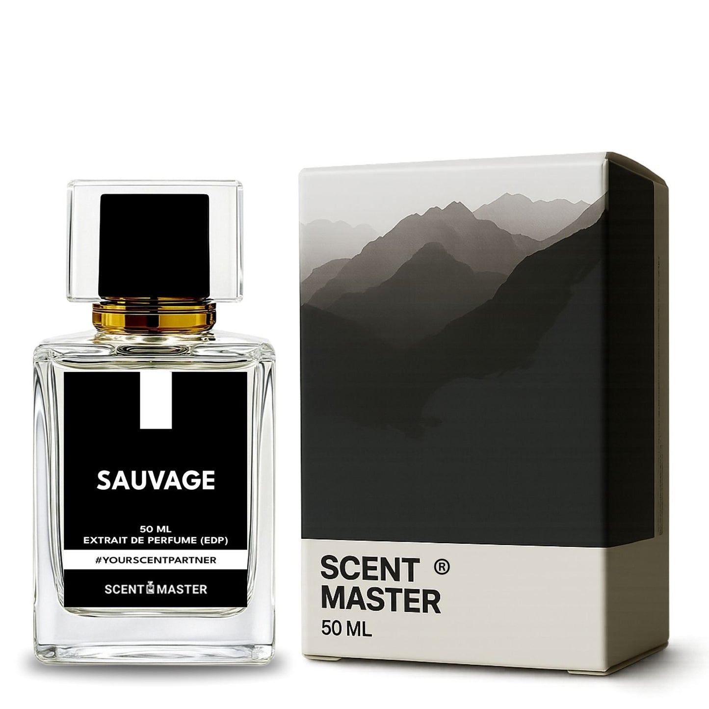 Scent Master Sauvage perfume bottle and packaging with mountain design on a white background