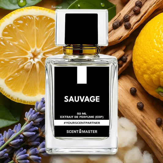 Perfume bottle labeled 'Sauvage' surrounded by lemons, cinnamon sticks, and lavender.