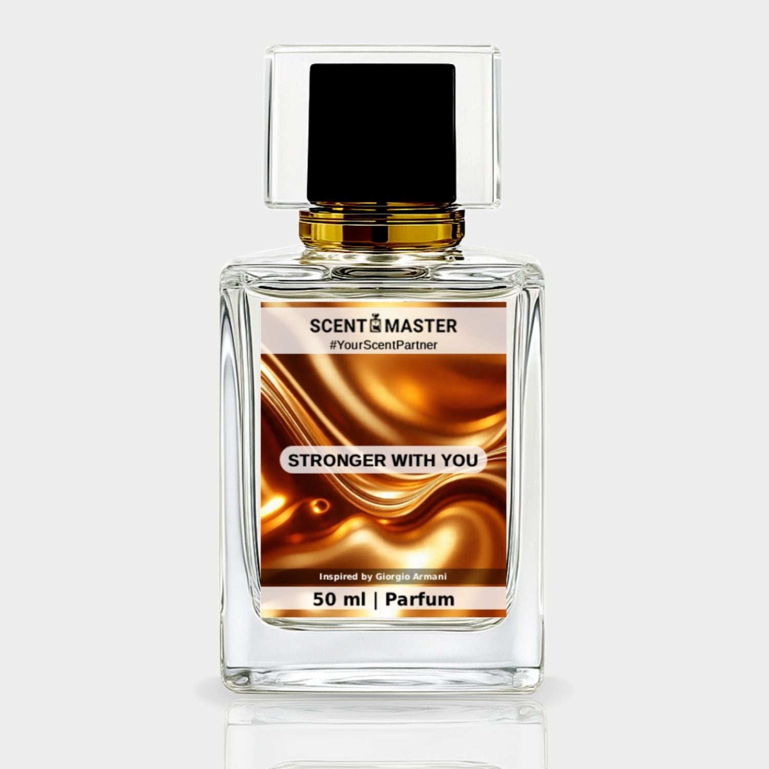 Perfume bottle labeled 'Stronger With You' by Scent Master on a white background