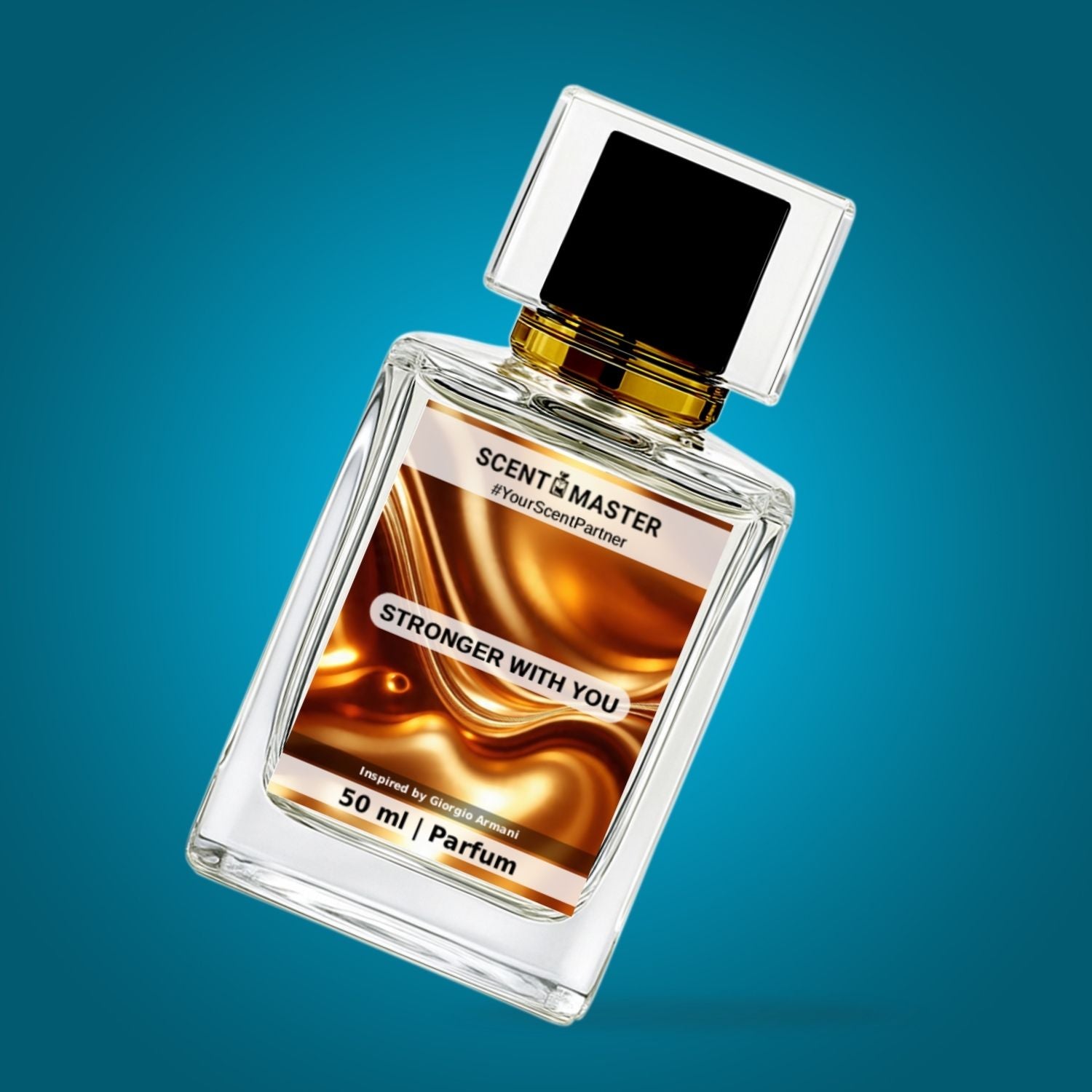 Perfume bottle labeled 'Stronger With You' on a blue gradient background