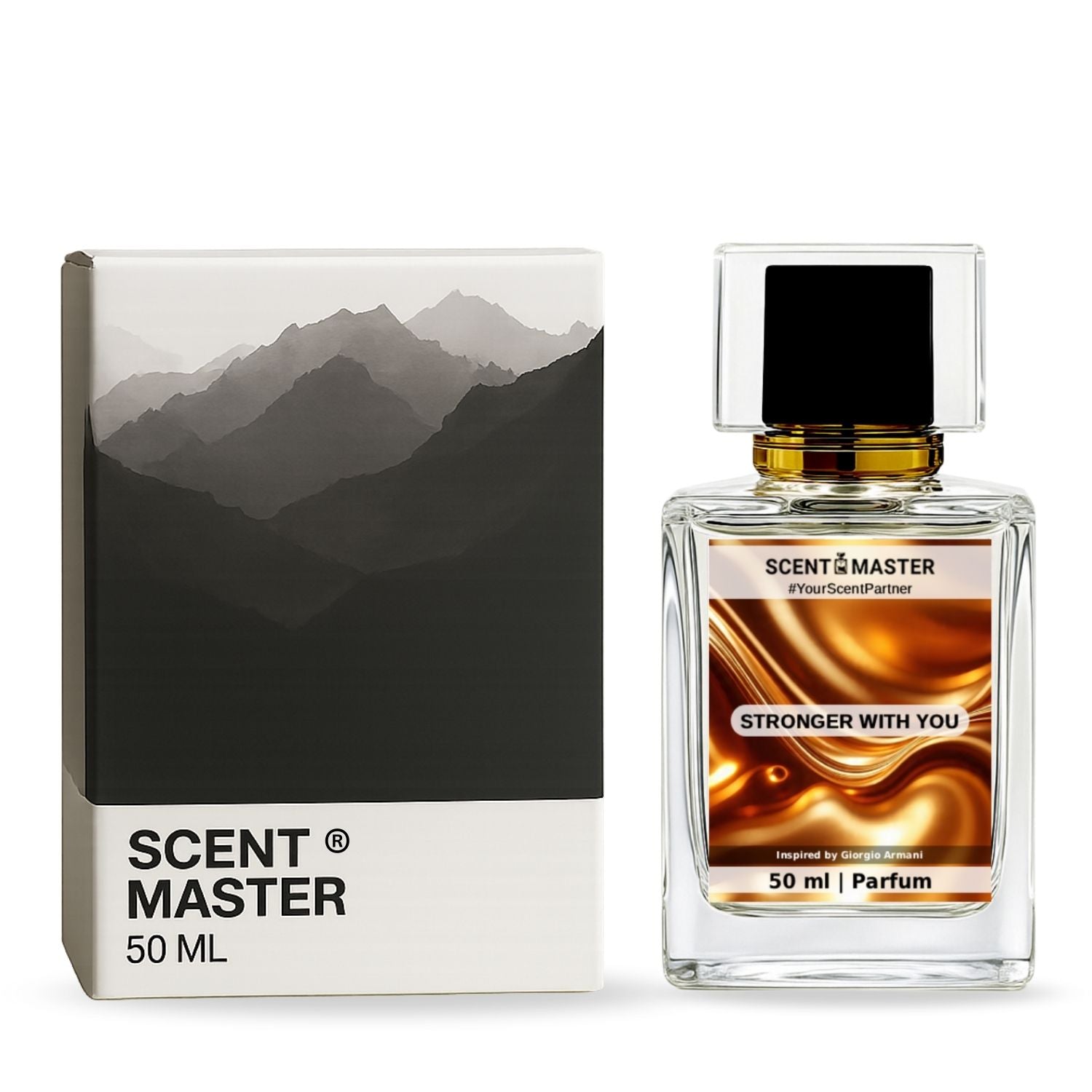 Scent Master perfume bottle and packaging with mountain design