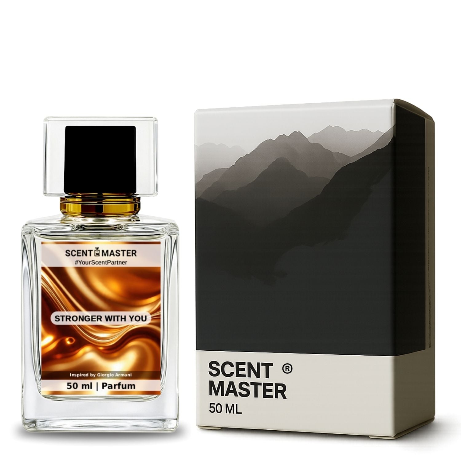 Scent Master perfume bottle and packaging with mountain design on a white background