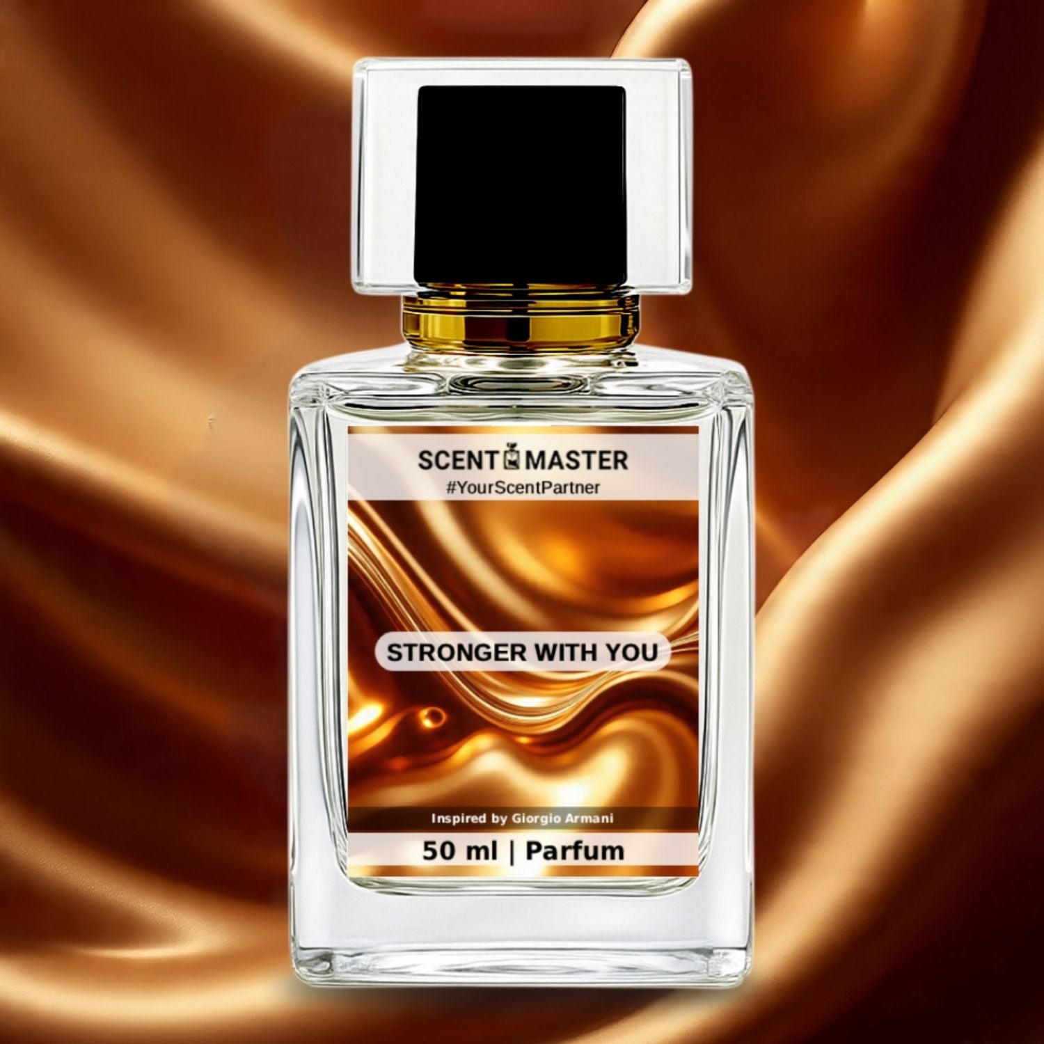 Perfume bottle labeled 'Scent Master Stronger With You' on a gold fabric background